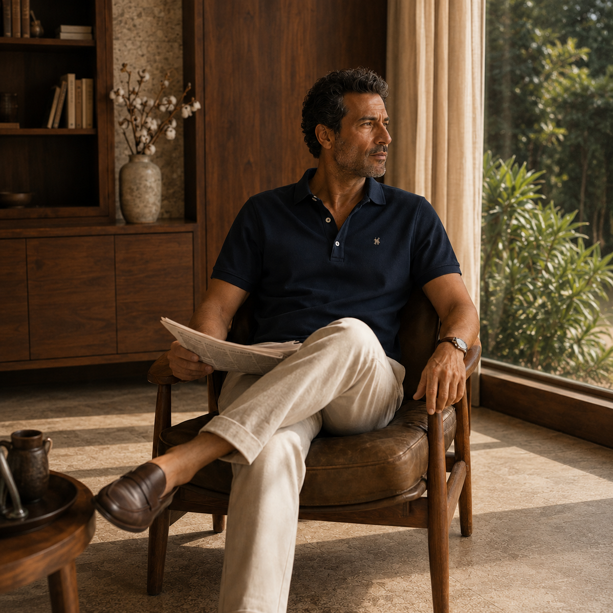 Campaign photograph for MOBACO — a man in a navy cotton polo reading the newspaper in a sunlit armchair