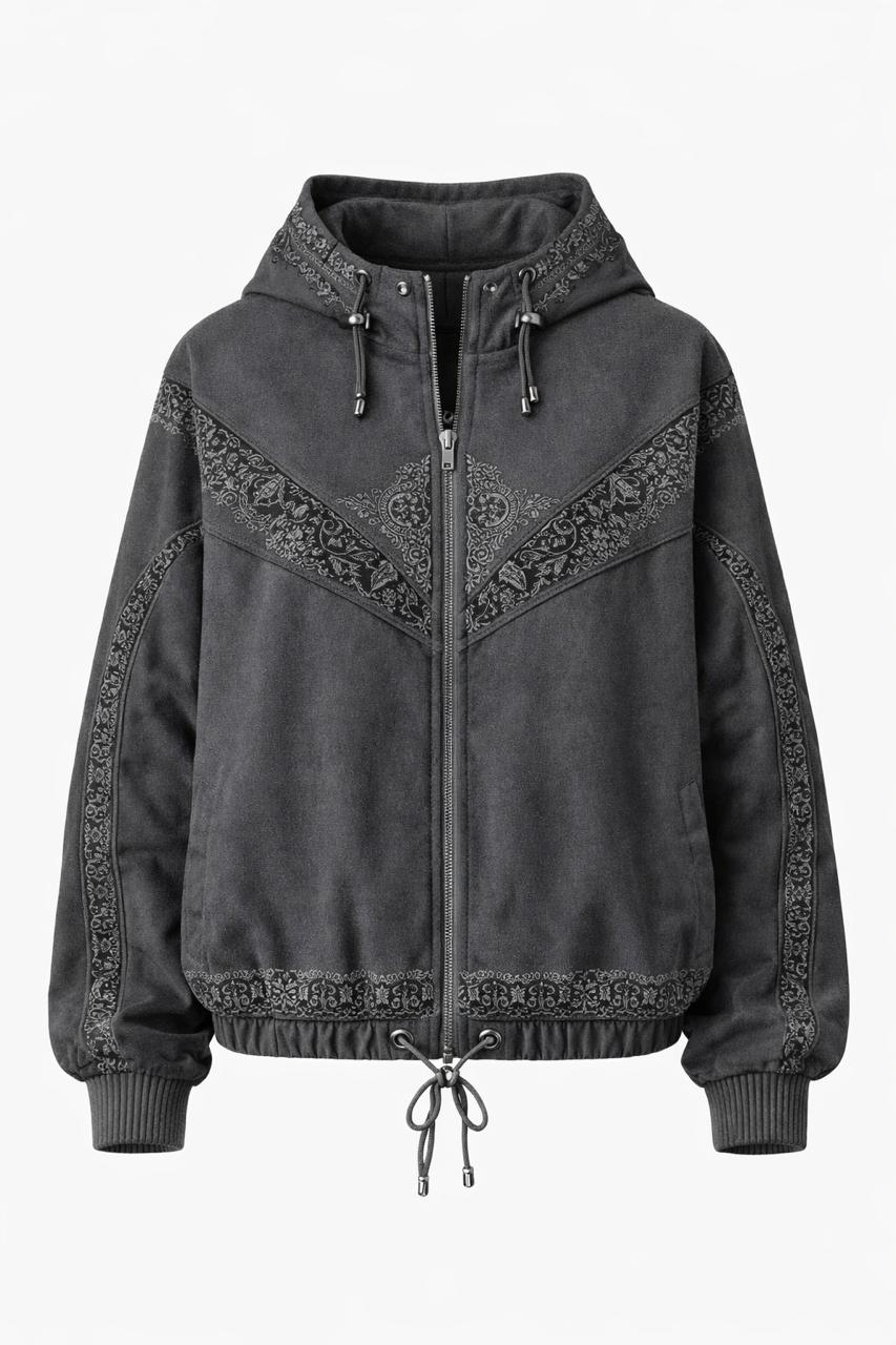 Charcoal zip hoodie with tonal embroidered panelling