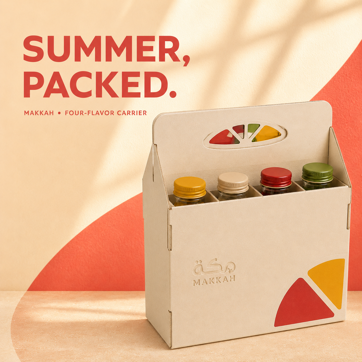 MAKKAH four-flavor carrier — portable juice pack with mango, guava, strawberry and lemongrass caps