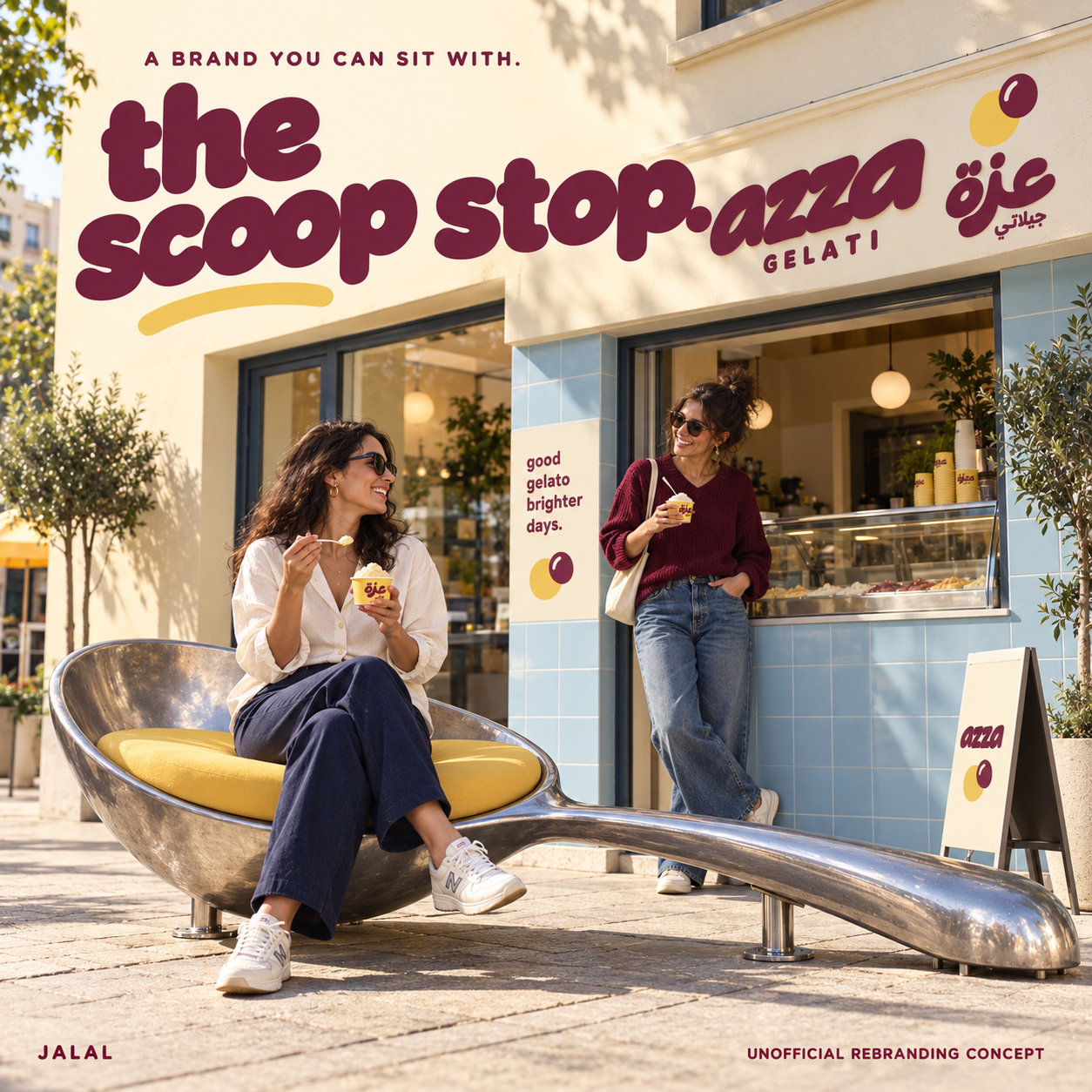 Azza scoop stop — two people enjoying gelato outside a branded Azza gelato shop front