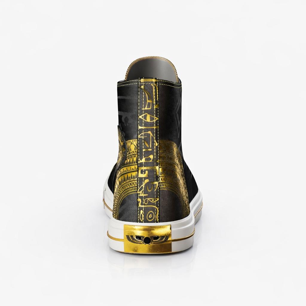 High-top sneaker back view — gold Egyptian motif heel plate