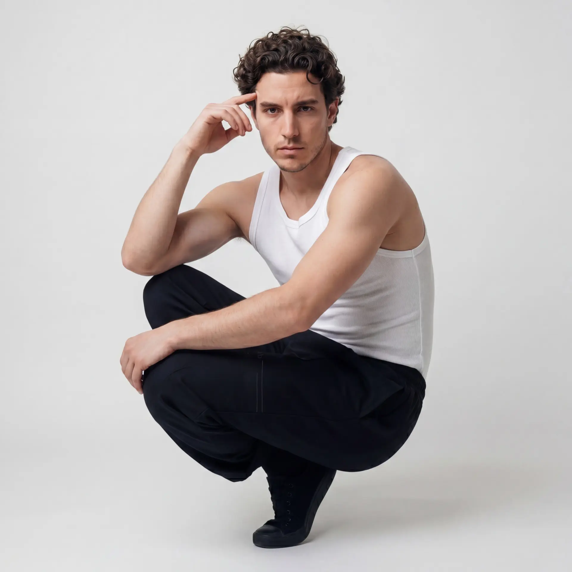 Studio portrait of a seated man wearing a white tank top and black trousers