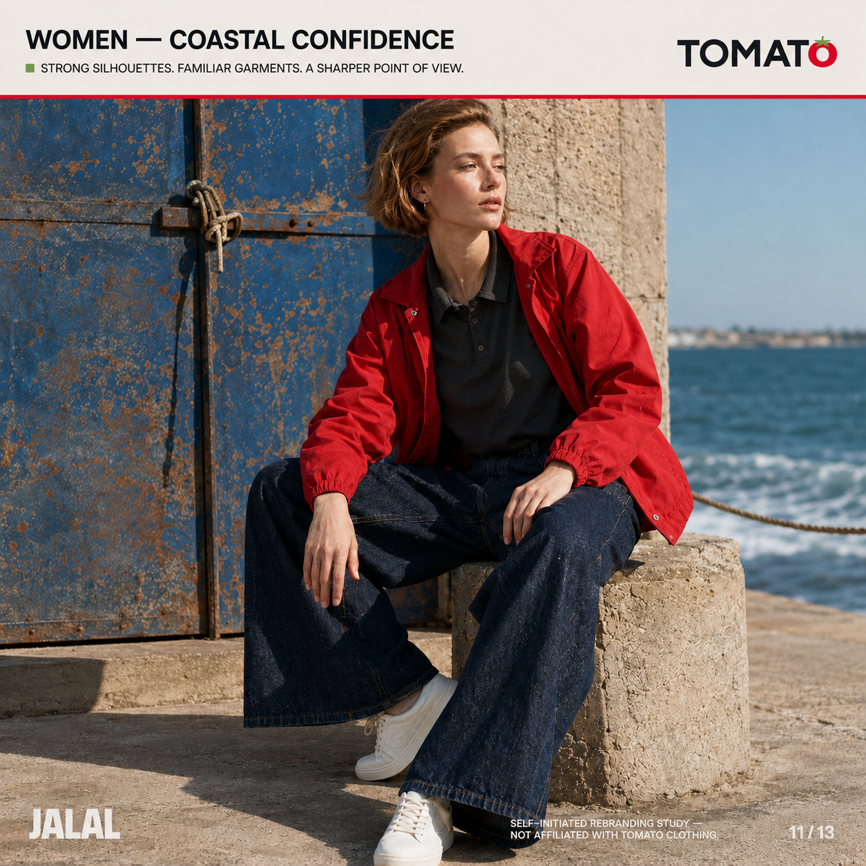 Tomato Clothing campaign study — woman seated on the Alexandria corniche in red overshirt, black polo and wide denim trousers