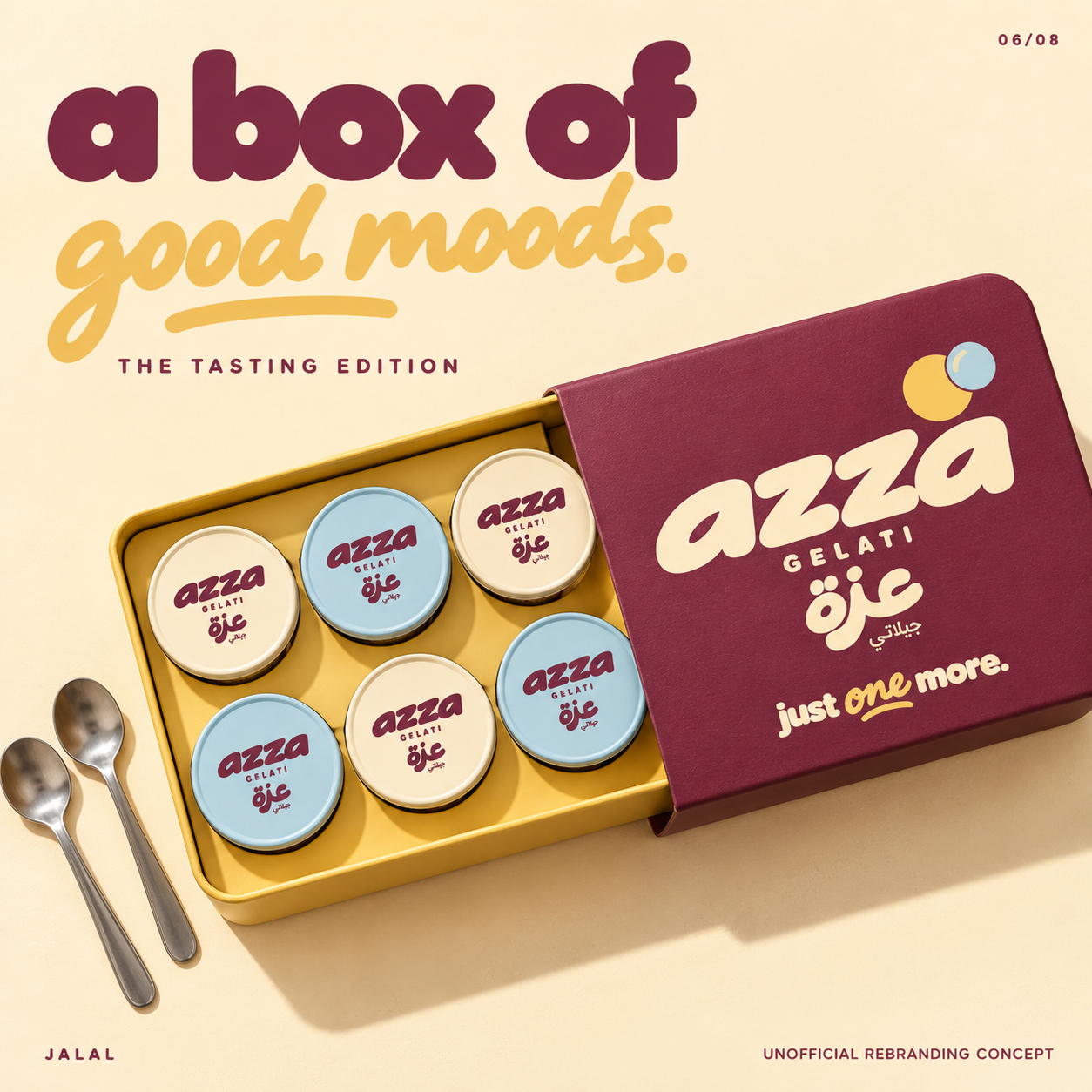 Azza tasting box — six branded gelato pots in a burgundy and yellow gift set