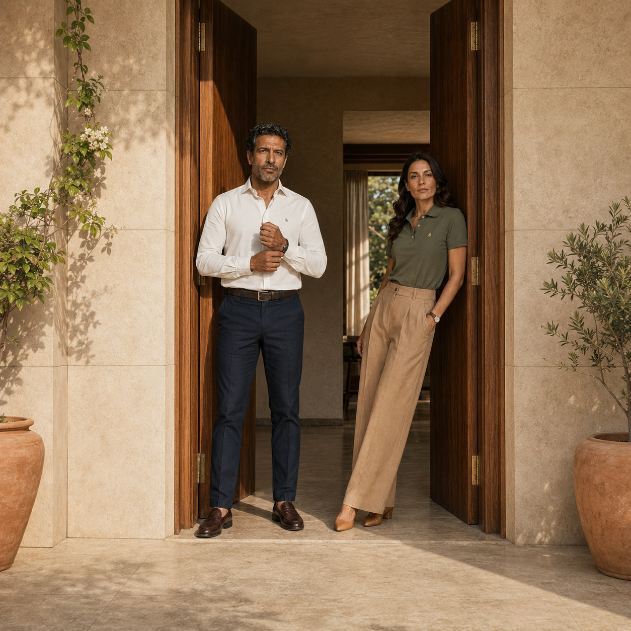 Campaign photograph for MOBACO — a man and woman in cotton wardrobe at a sunlit doorway