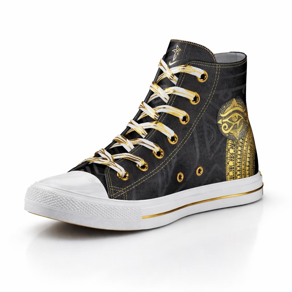 High-top sneaker concept in black with gold Egyptian motif detailing