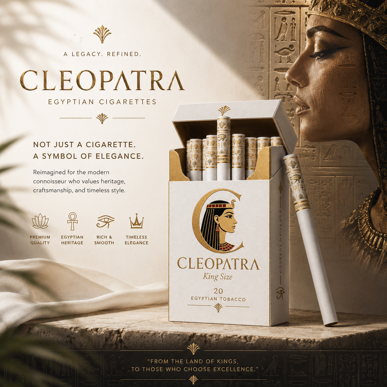 Cleopatra packaging redesign concept — premium carton with Egyptian cigarette pack and Cleopatra profile mark