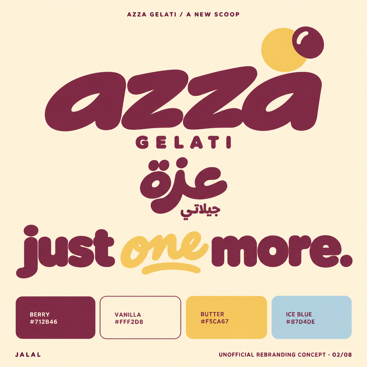 Azza identity and colour palette — logotype, Arabic lockup, and flavour colour chips