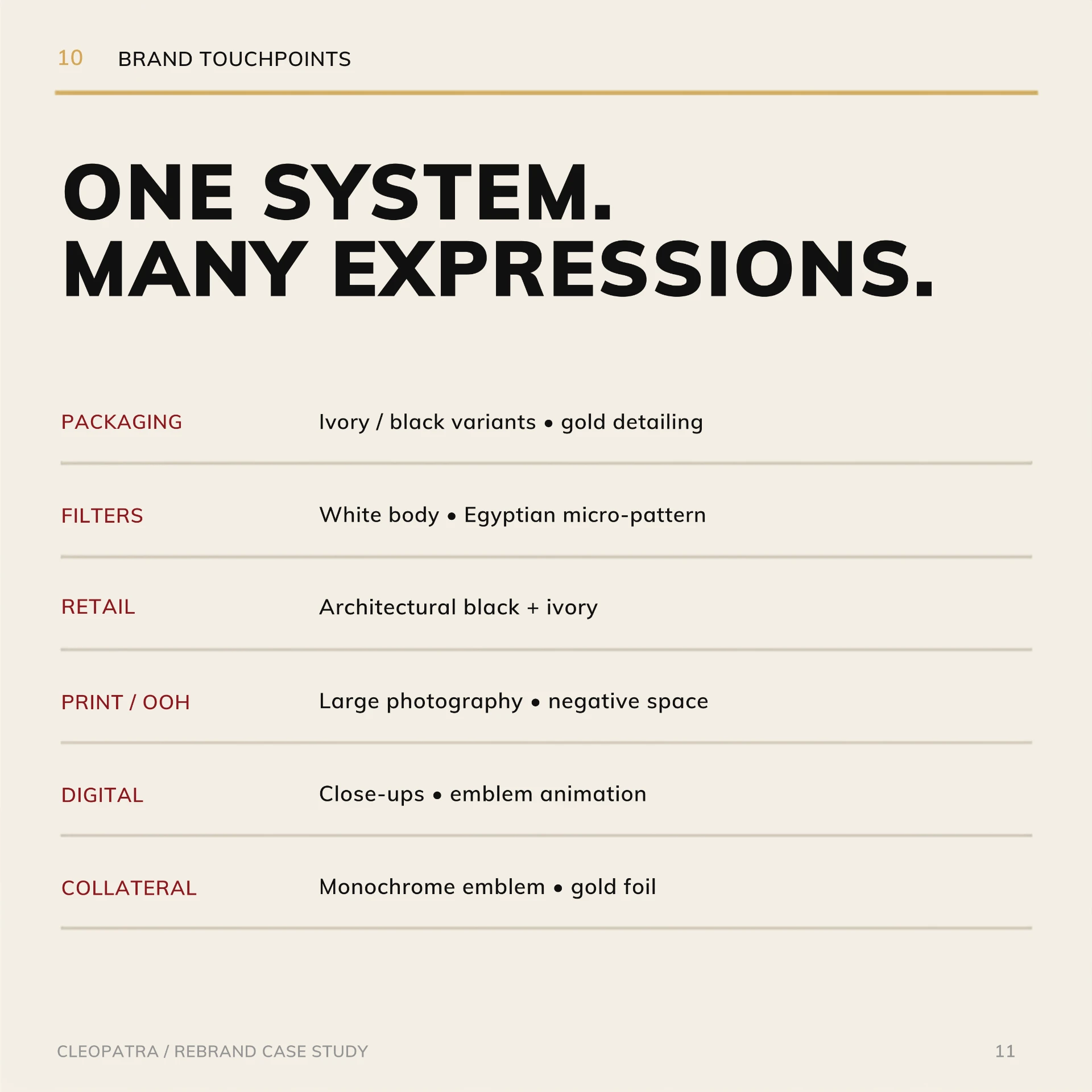 Cleopatra brand touchpoints — packaging, filters, retail, print, digital, collateral