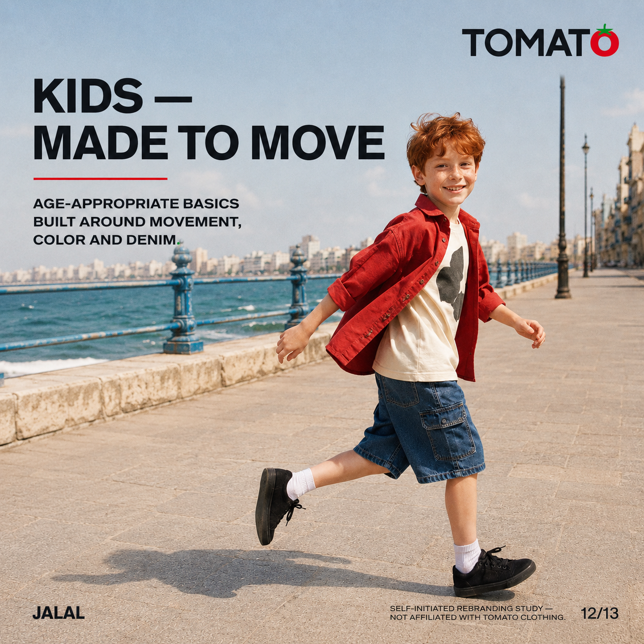Tomato Clothing campaign study — kid running on the Alexandria corniche in red overshirt, printed tee and denim shorts