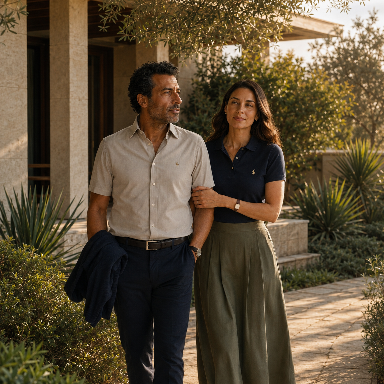 Campaign photograph for MOBACO — a man and woman walking together in a sunlit courtyard, the man in a stone cotton shirt and the woman in a navy polo and olive skirt