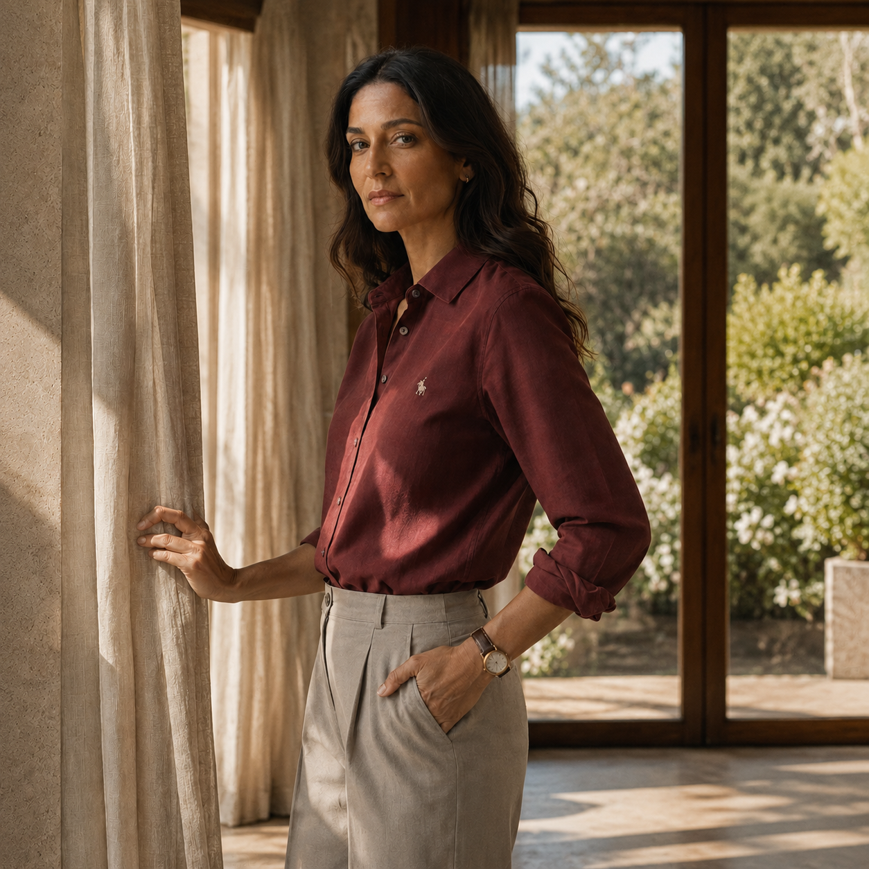 Campaign portrait for MOBACO — a woman in a maroon cotton shirt and neutral trousers by sunlit curtains