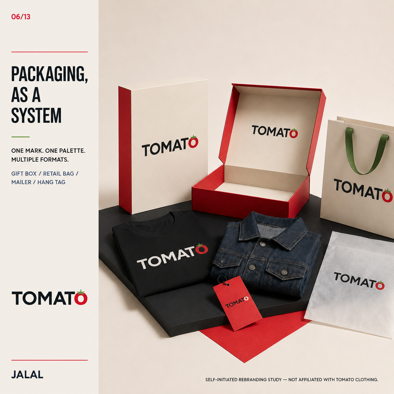 Tomato Clothing packaging system — gift box, retail bag, mailer, and hang tag with the Tomato mark