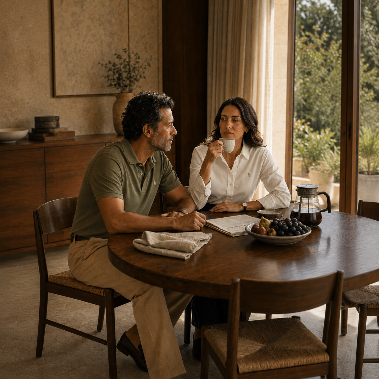 Campaign photograph for MOBACO — two adults in cotton wardrobe sharing coffee and the newspaper at a sunlit wooden table