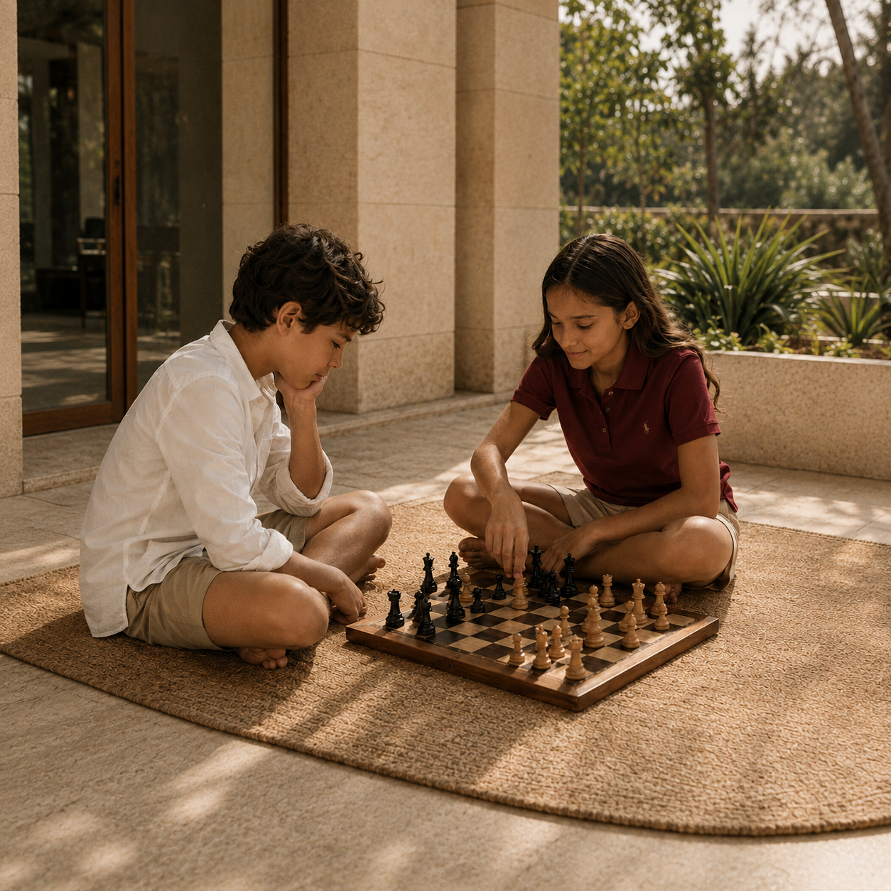 Campaign photograph for MOBACO — two children playing chess in a sunlit courtyard, one in a white cotton shirt and one in a maroon polo