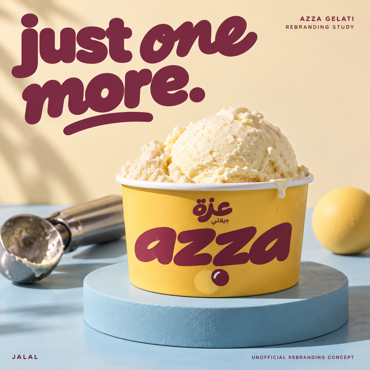 Azza campaign key visual — a scoop of vanilla gelato in a branded yellow cup with the phrase just one more