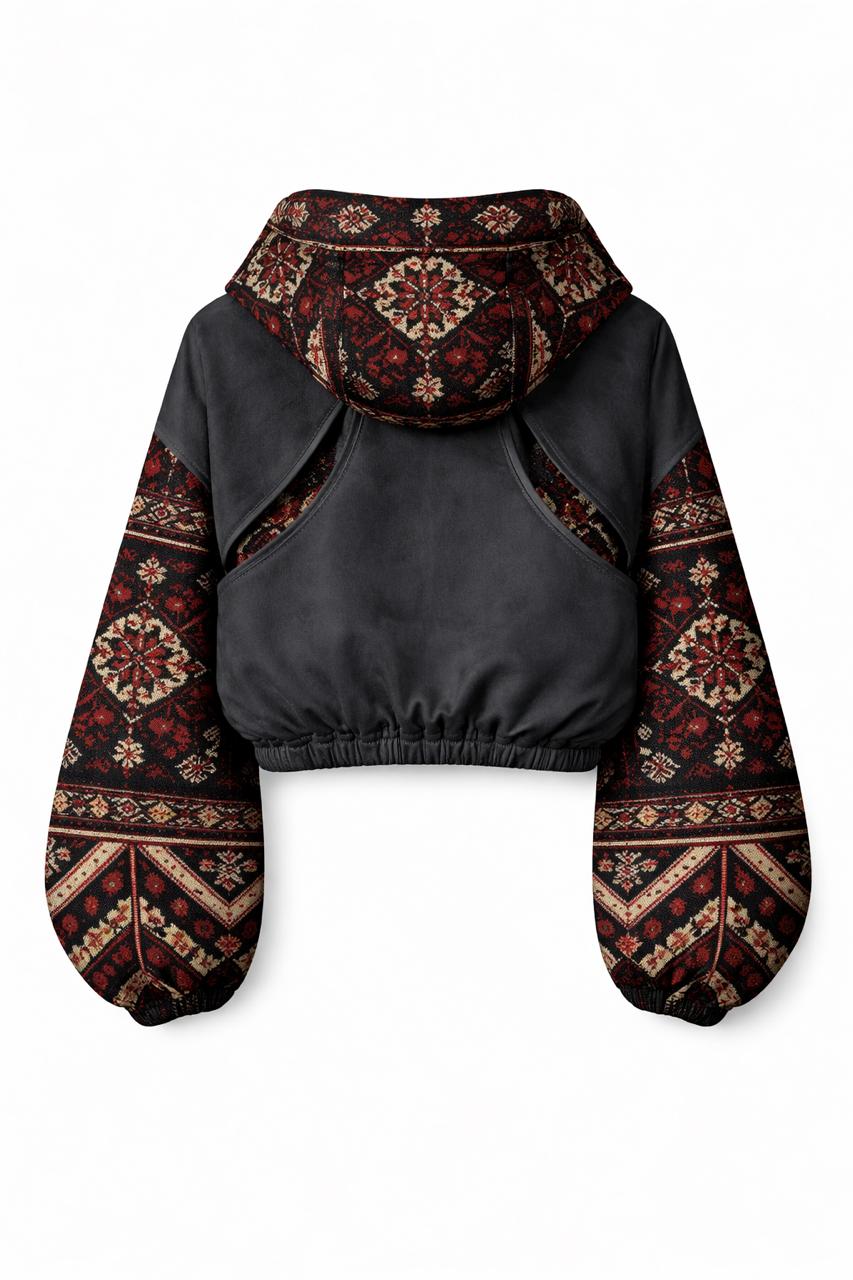 Cropped hoodie with carpet-pattern panelled sleeves and hood