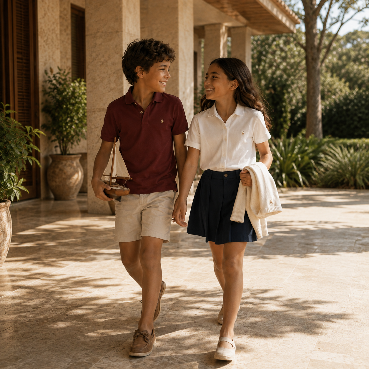 Campaign photograph for MOBACO — a boy and girl walking together in a sunlit courtyard, the boy in a maroon polo and the girl in a white polo carrying a model sailboat