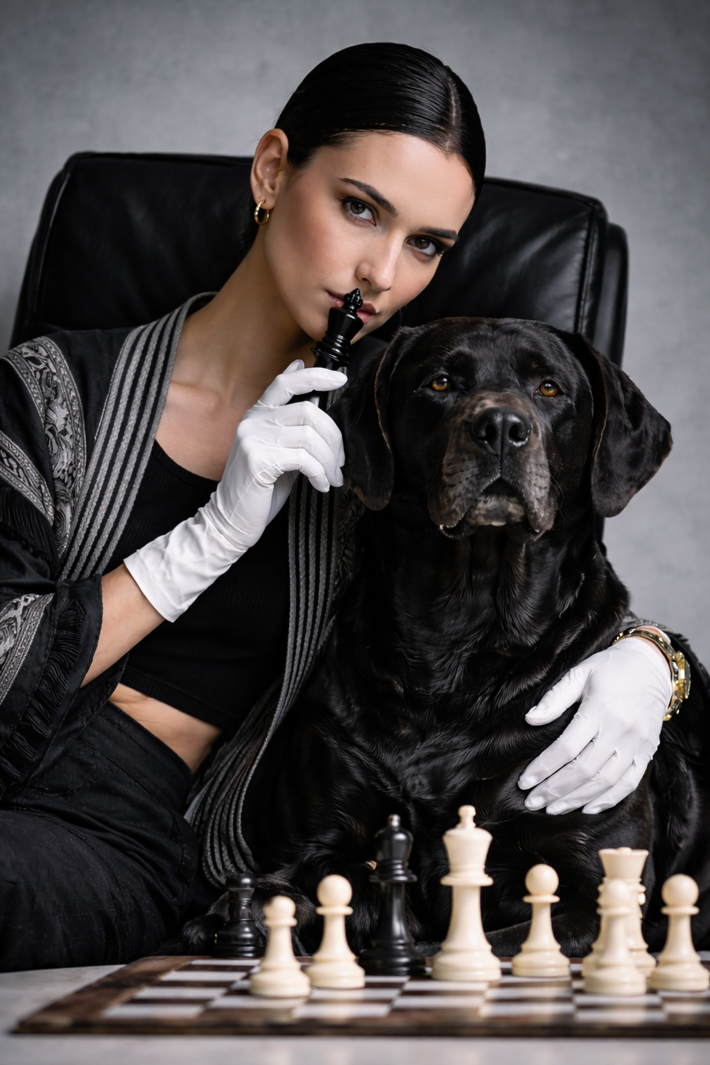 Streetwear shirt campaign frame — model and dog beside a chess board