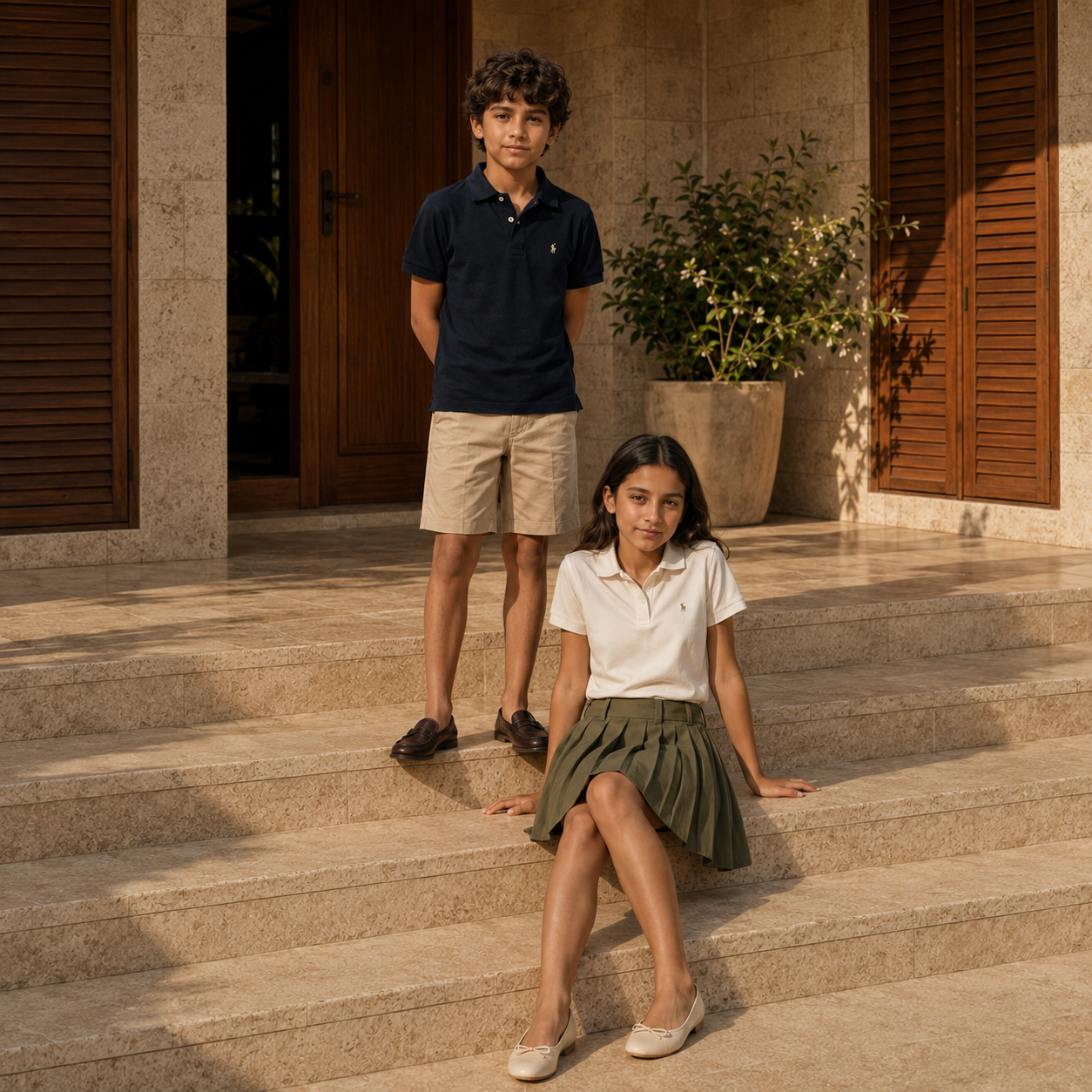 Campaign photograph for MOBACO — a boy in a navy polo and khaki shorts standing on marble steps beside a girl in a white polo and olive skirt