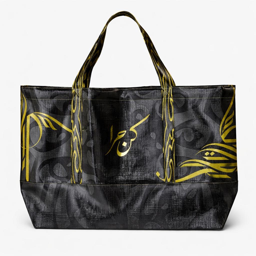 Tote bag concept — black canvas with gold calligraphic print and patterned straps