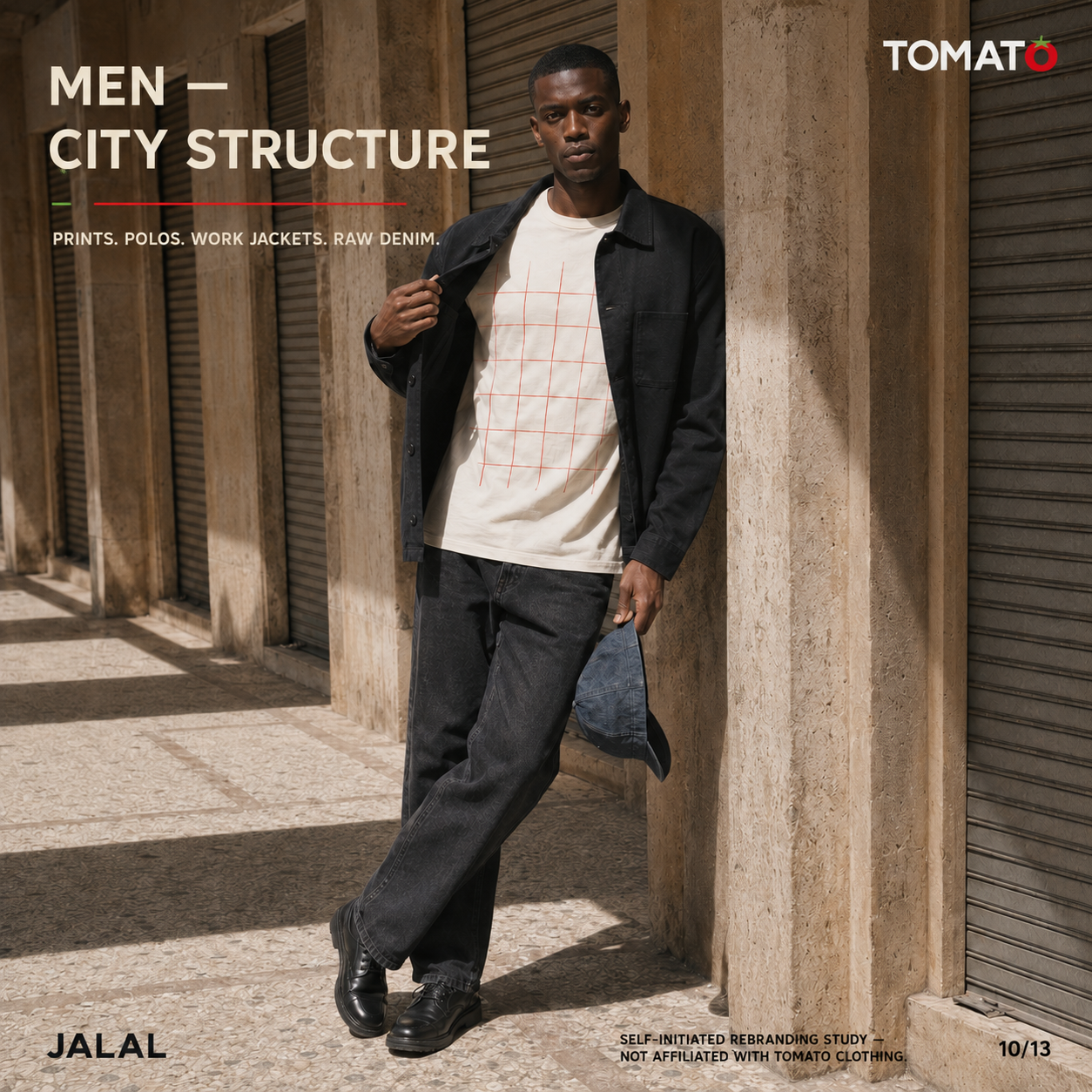 Tomato Clothing campaign study — model in work jacket, grid-print tee, raw denim and city structure