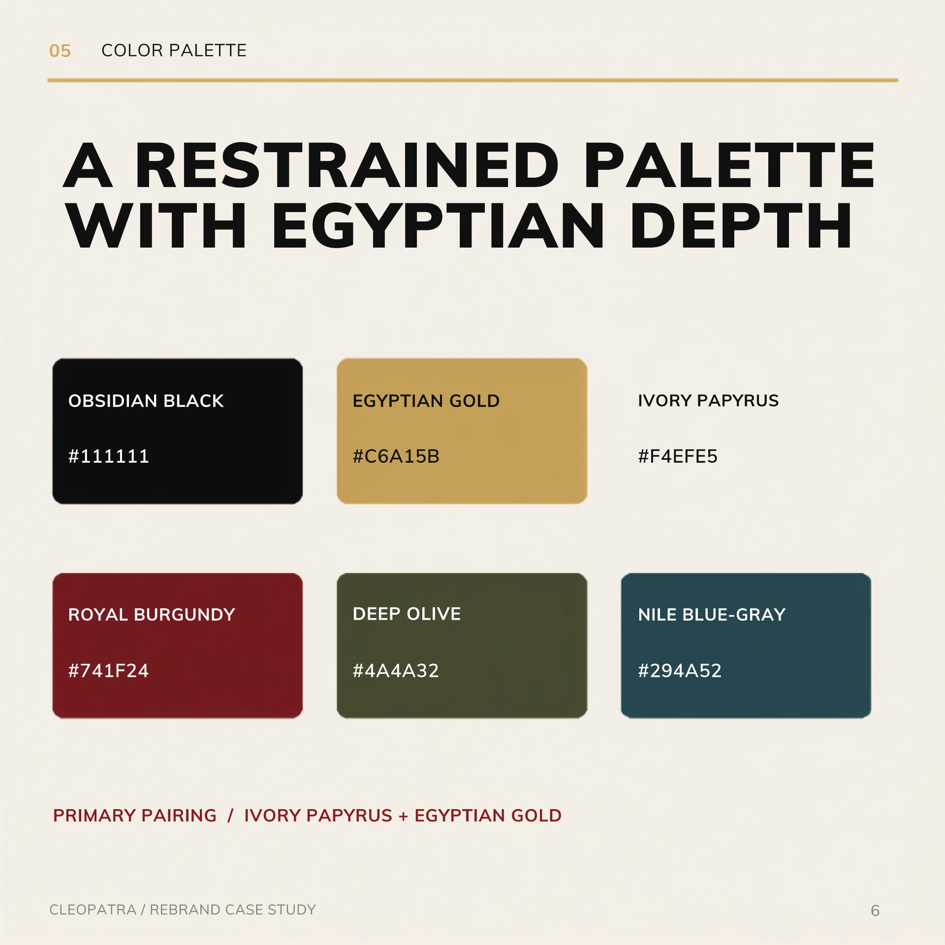 Cleopatra concept colour palette — Obsidian Black, Egyptian Gold, Ivory Papyrus, Royal Burgundy, Deep Olive, and Nile Blue-Gray