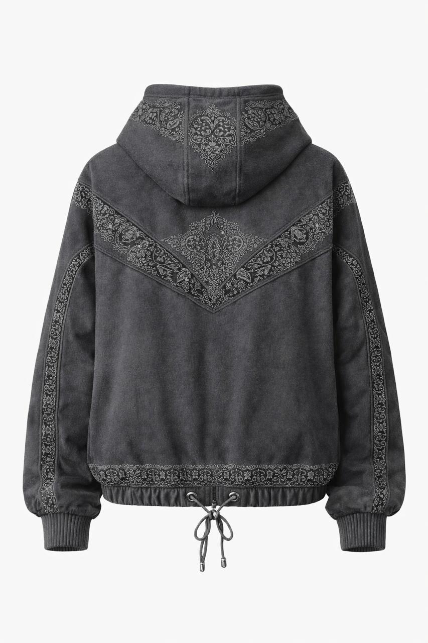 Back view of the charcoal zip hoodie with embroidered yoke and hood