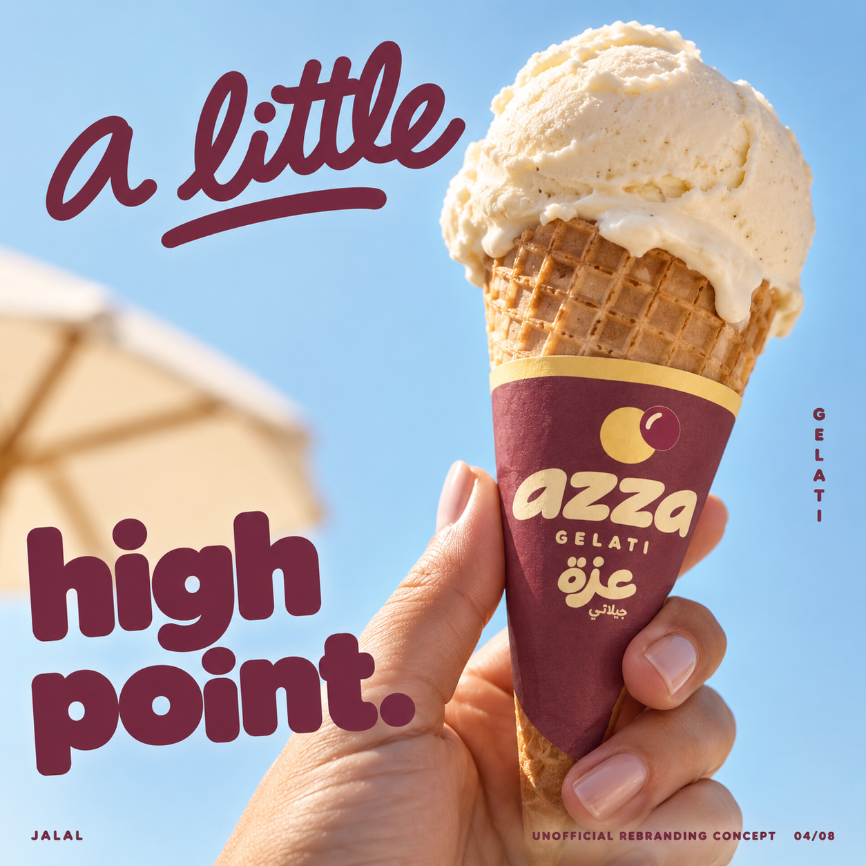 Azza high point — a hand holding a branded waffle cone against a bright sky