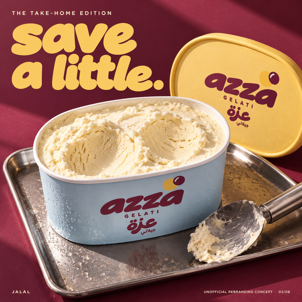 Azza take-home edition — a branded gelato tub with scoop on a tray