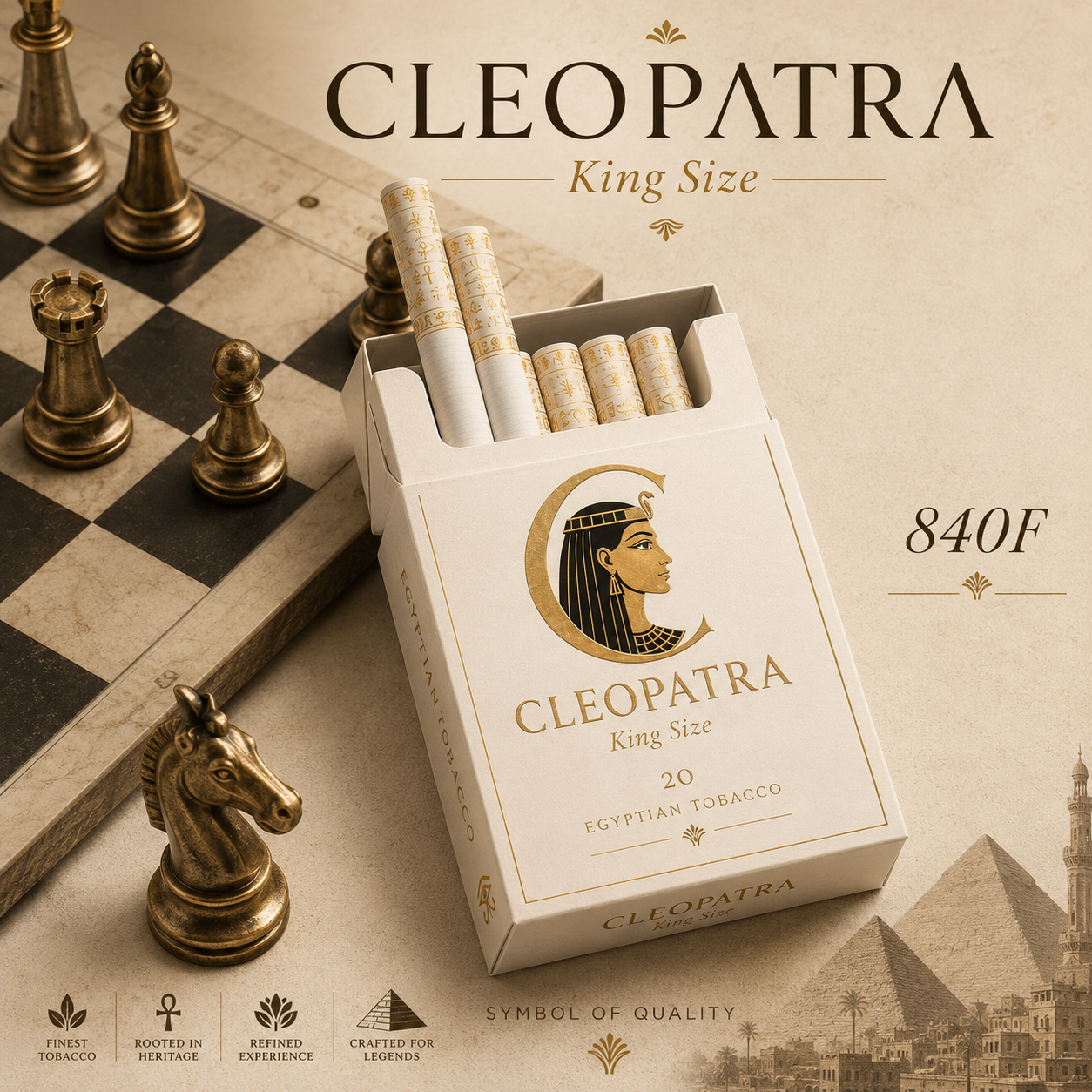 Cleopatra King Size packaging study — open carton with Egyptian cigarettes beside brass chess pieces