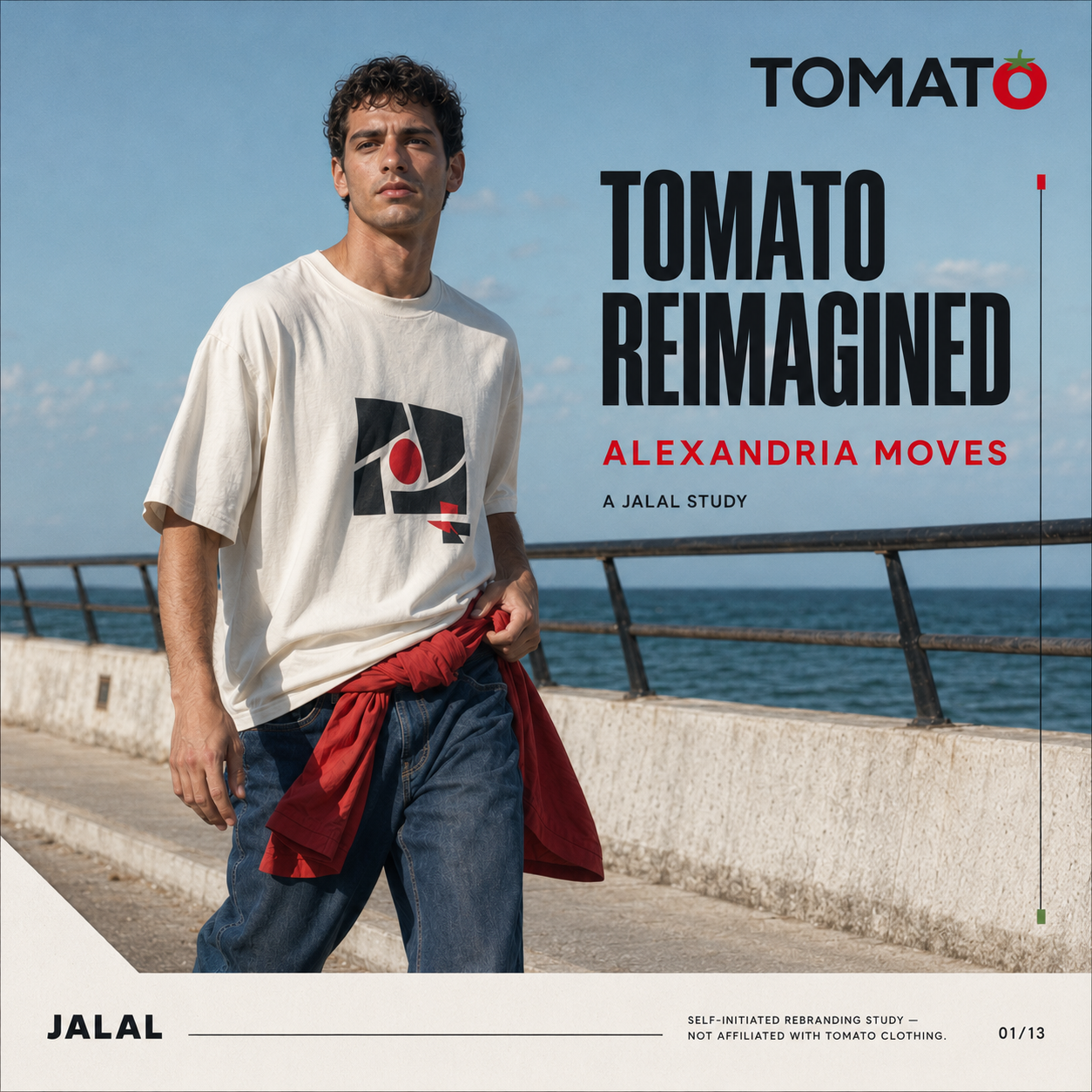 Campaign photograph for the Tomato Clothing self-initiated rebranding study — a model on the Alexandria corniche wearing a white graphic tee and jeans