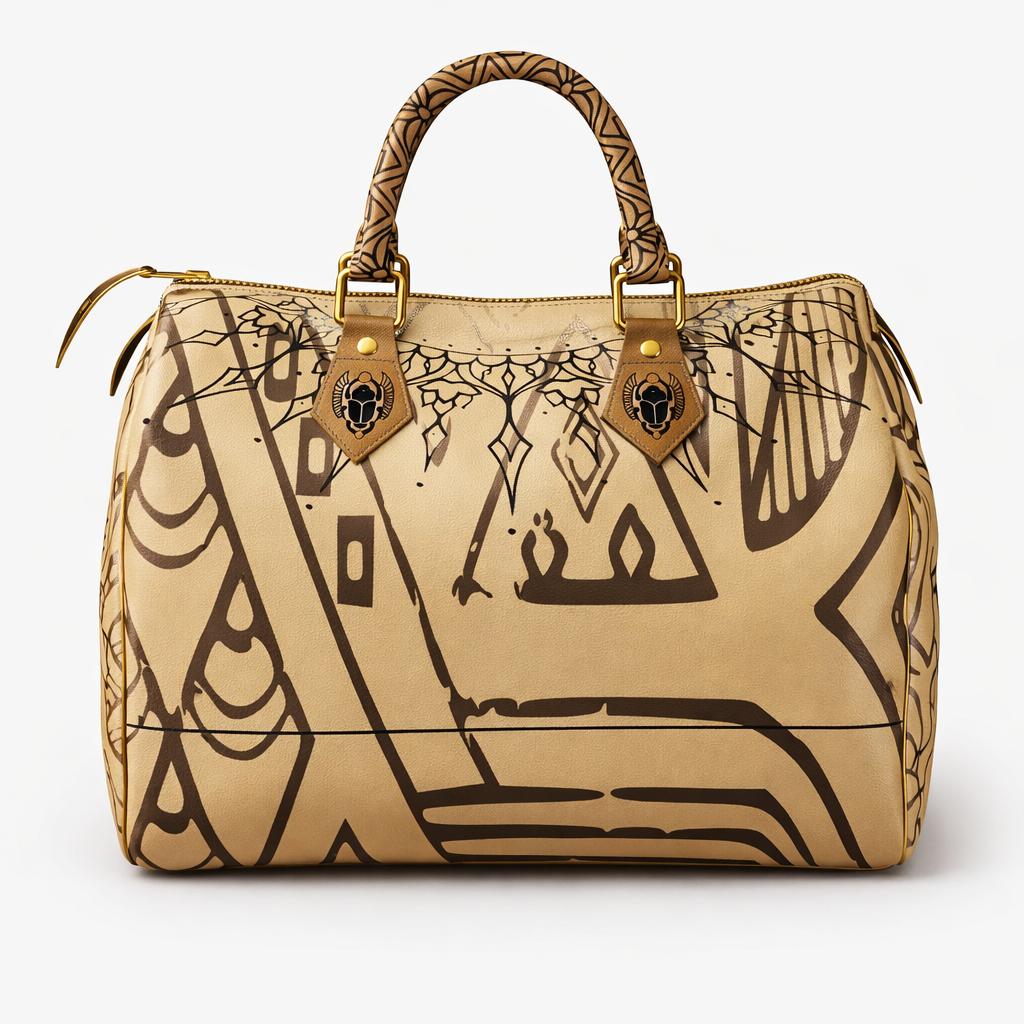 Handbag side view — Egyptian symbol print and patterned handles