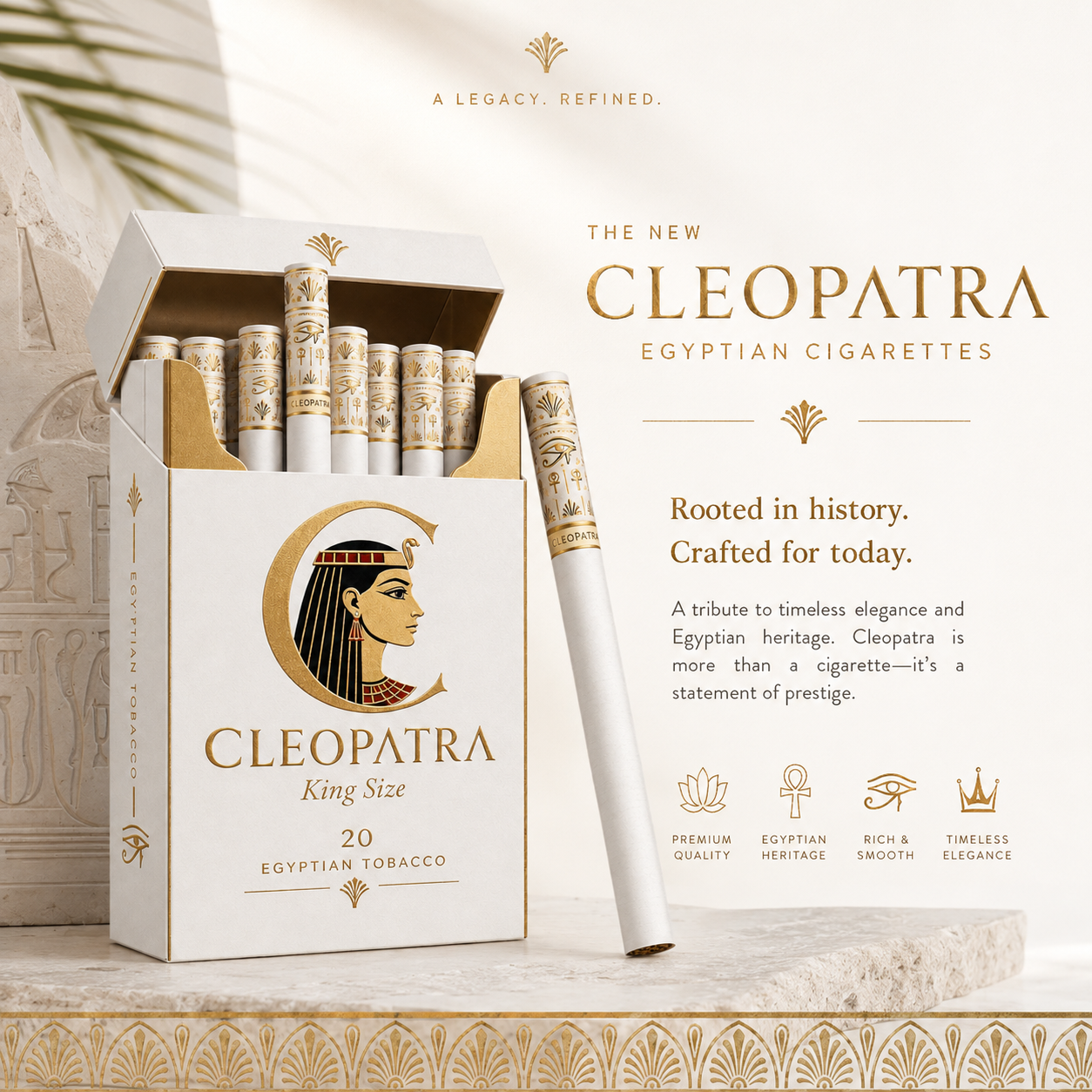 Cleopatra King Size packaging mockup — premium white carton with gold foil profile mark and Egyptian cigarette