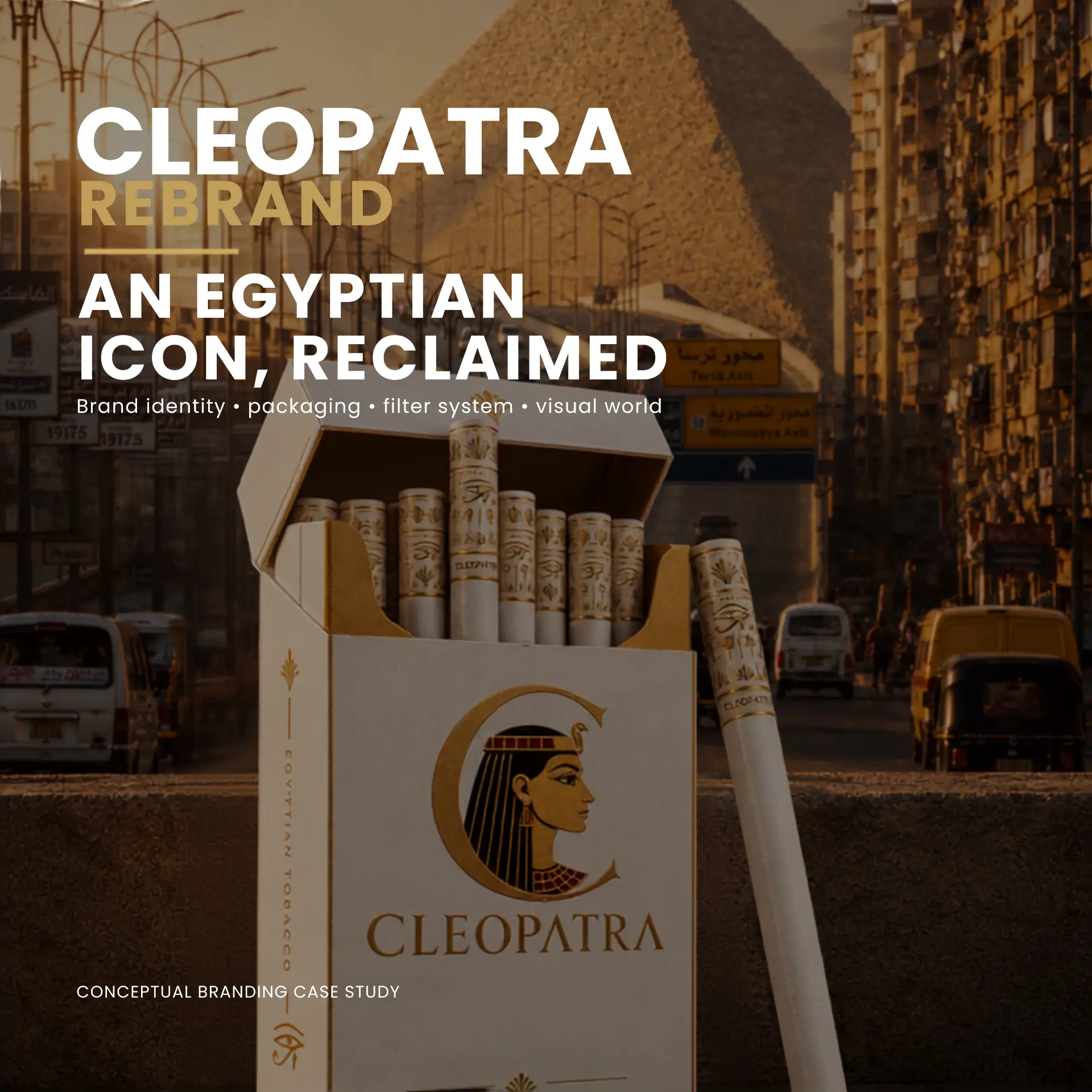 Cleopatra Rebrand campaign poster — Egyptian cigarette pack set against a Cairo street and the Pyramids