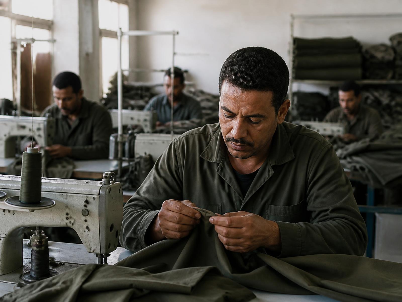 A machinist inspecting a stitched seam on a garment factory floor in Egypt
